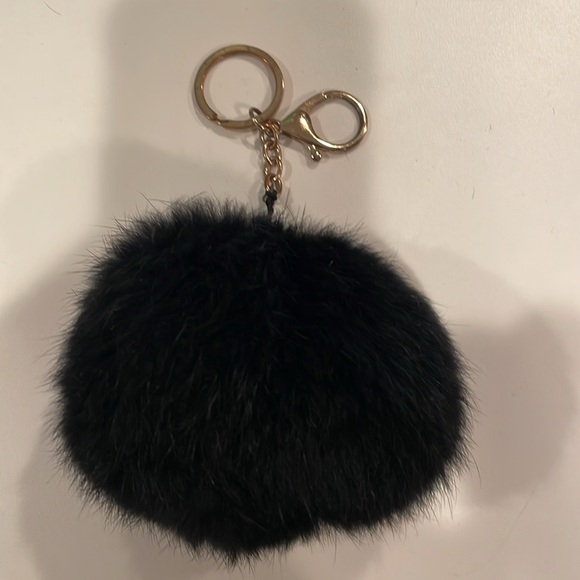 Rabbit Fur Fluff Ball - Pom Pom Key Fob black real fur 3” round. Purse charm - Picture 5 of 8